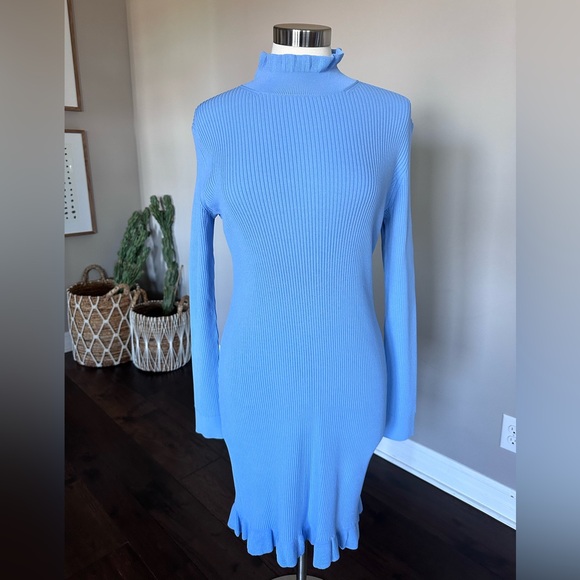 J. Crew Supersculpt Ruffle-Neck Mini Sweater Dress Pale Seascape Blue Womens LG - Picture 5 of 13